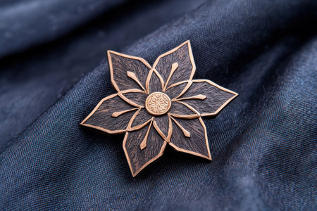 Intricate wooden flower brooch on dark fabricの素材