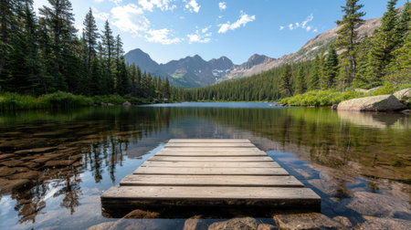 Serene mountain lake with wooden dockの素材