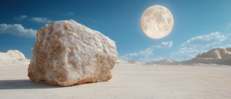 Vast desert landscape with large rock formation and full moonの素材