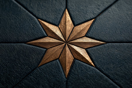 Intricate wooden star pattern on leather surfaceの素材