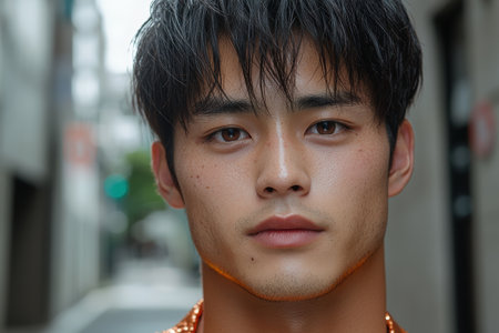 Pensive young asian man with wet hairの素材