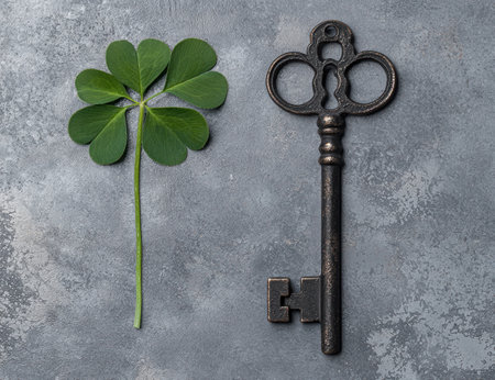 Luck and success - a four-leaf clover and an old key on a concrete backgroundの素材