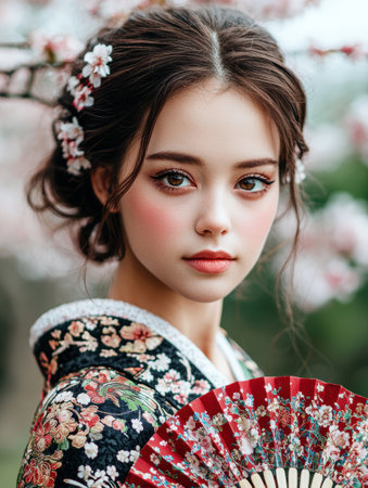 beautiful young woman with flower crown and fanの素材