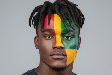 close-up portrait of young man with colorful face paintの素材