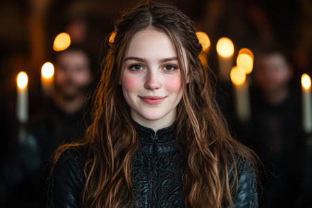 Captivating young woman with flowing hair and warm smileの素材