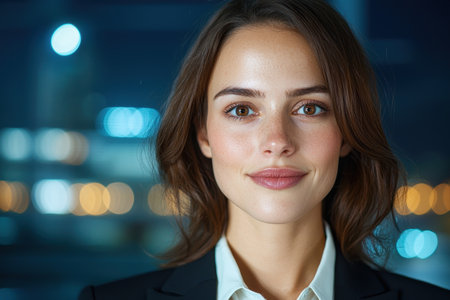 confident business woman in city at nightの素材