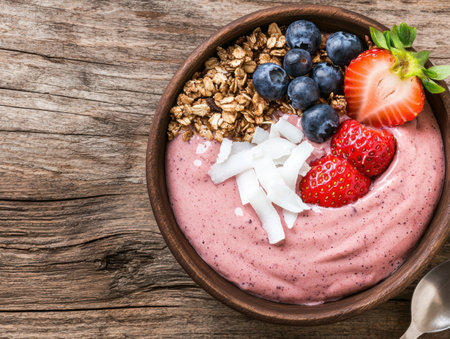 healthy breakfast smoothie bowl with granola and fresh berriesの素材