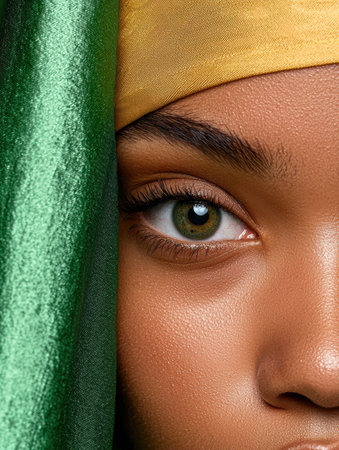 Close-up of a person's eye with green and gold fabric in the backgroundの素材