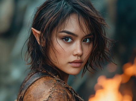 Mysterious woman with dark hair and intense gazeの素材