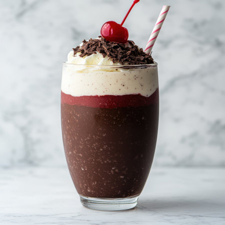 Delicious chocolate milkshake with whipped cream and cherry on topの素材