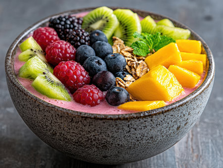 Healthy fruit salad bowl with berries, kiwi, and granolaの素材