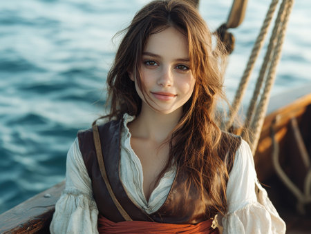 beautiful woman on a sailing shipの素材
