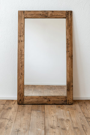 Rustic wooden mirror frame on hardwood floorの素材