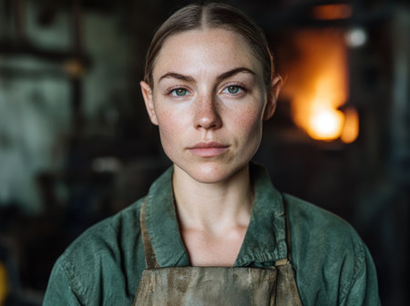 portrait of a serious young woman in green jacketの素材