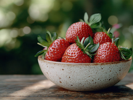 fresh ripe strawberries in a bowlの素材