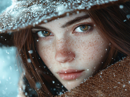 woman with freckles in the snowの素材