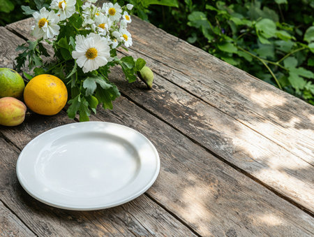 fresh produce and flowers on rustic wooden tableの素材
