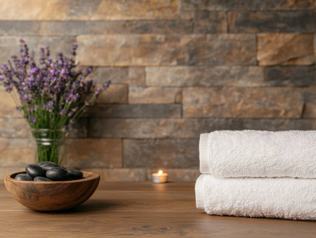 Cozy spa-like bathroom interior with stone wall, towels, and lavender flowersの素材