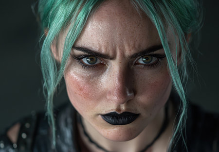 Intense gaze of woman with vibrant green hairの素材