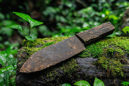 Rustic knife on moss-covered log in forestの素材