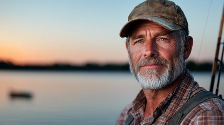 Weathered fisherman enjoying sunset by the lakeの素材