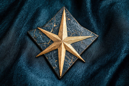 Ornate wooden star on dark blue fabricの素材