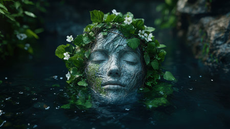 mystical nature spirit with floral crown in dark forest poolの素材