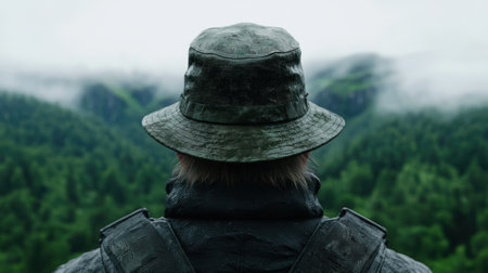 hiker exploring misty mountain landscapeの素材