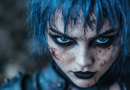 Intense blue-haired woman with striking eyes and facial markingsの素材