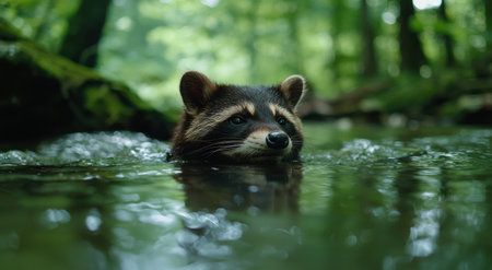 Curious raccoon peeking out of water in lush forestの素材