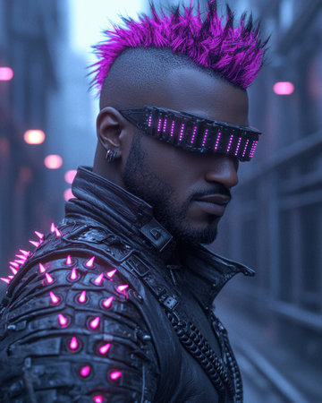 futuristic punk rocker with mohawk and neon lightsの素材