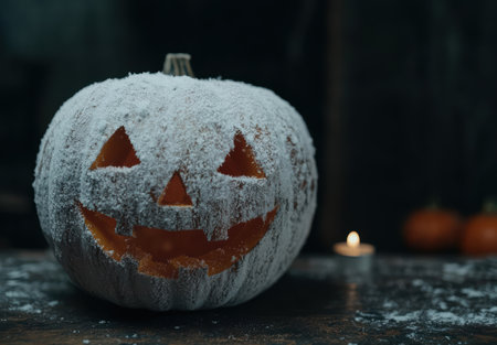 Spooky snow-covered jack-o'-lantern with glowing candleの素材