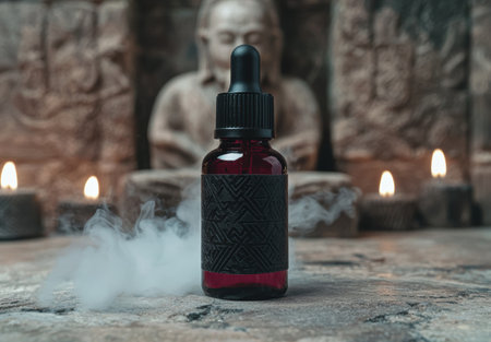 mystical herbal oil with candles and smokeの素材