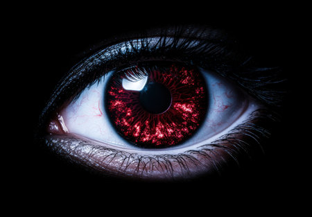Dramatic close-up of a red human eyeの素材