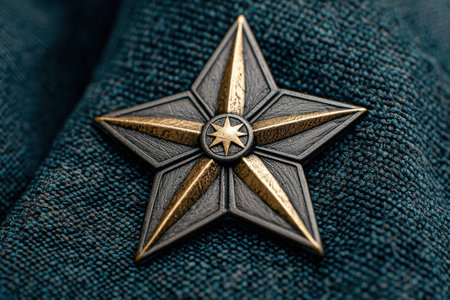 Ornate star-shaped military medal on dark textured backgroundの素材