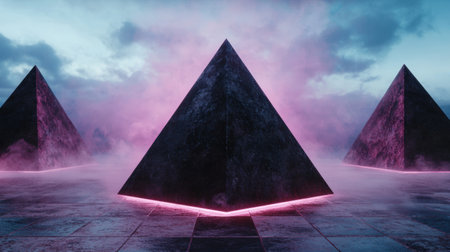 Surreal pyramid landscape with glowing lightsの素材
