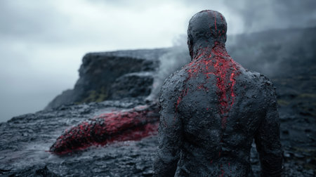 Mysterious figure covered in volcanic ash and lavaの素材