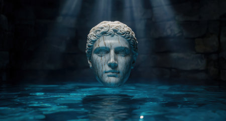 ancient greek statue head in waterの素材