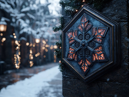 Glowing snowflake ornament in snowy winter sceneの素材