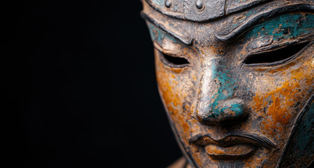 Close-up of an ancient bronze statue with intricate detailsの素材