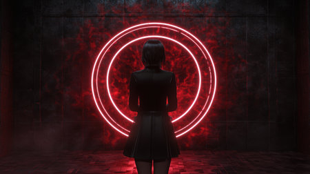 mysterious woman standing in front of glowing red circlesの素材