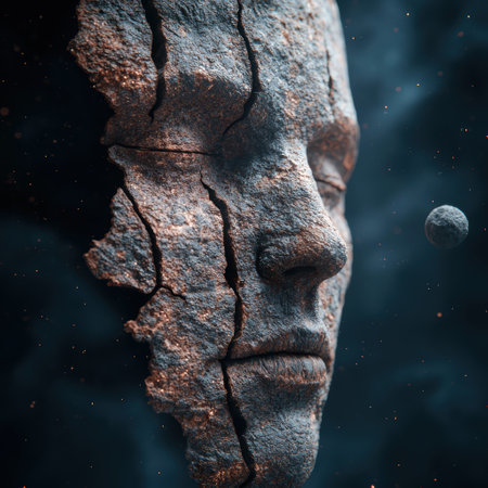 Cracked stone face against night skyの素材