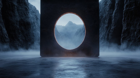 Majestic mountainous landscape with oval portalの素材