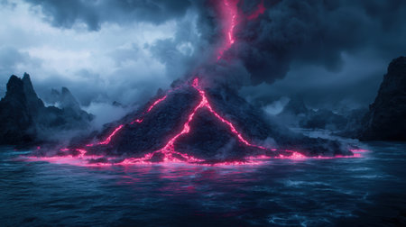 Dramatic volcanic eruption with fiery lava and dark cloudsの素材