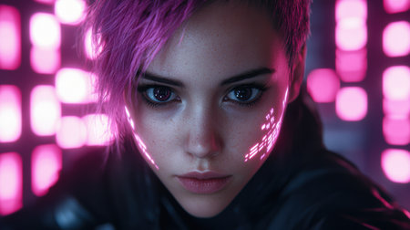 Futuristic woman with pink hair and neon lightsの素材
