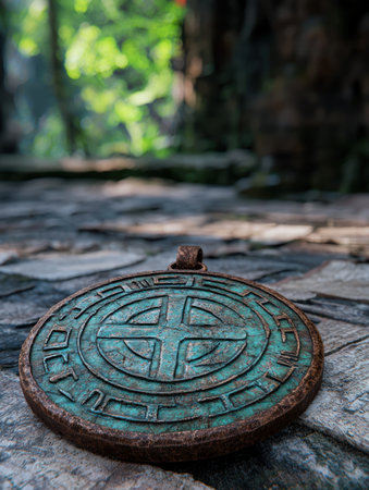 Antique bronze compass in forestの素材