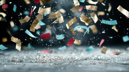 Colorful confetti explosion on dark backgroundの素材