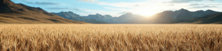 Scenic mountain landscape with golden wheat field at sunsetの素材