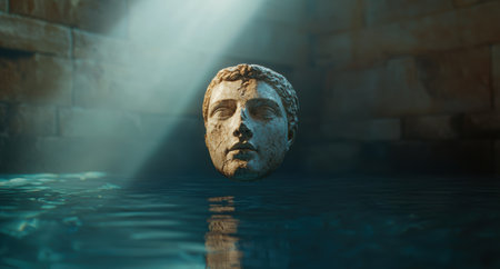 ancient statue head floating in waterの素材