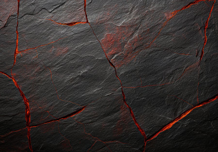 Dramatic cracked rock surface with fiery red veinsの素材